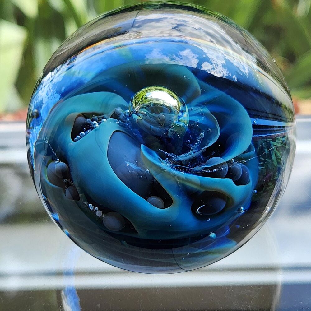2001 Signed Seegers & Fein Nebula Paperweight Blue Aurora Celestial Planet